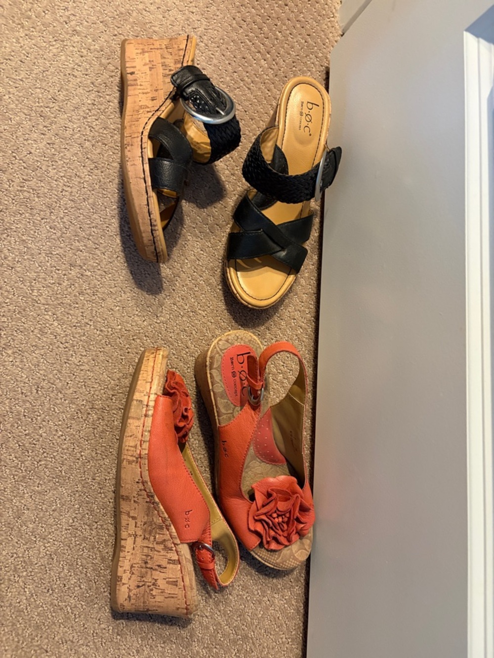 b.o.c. Black and Orange Cork Wedge Sandals Duo